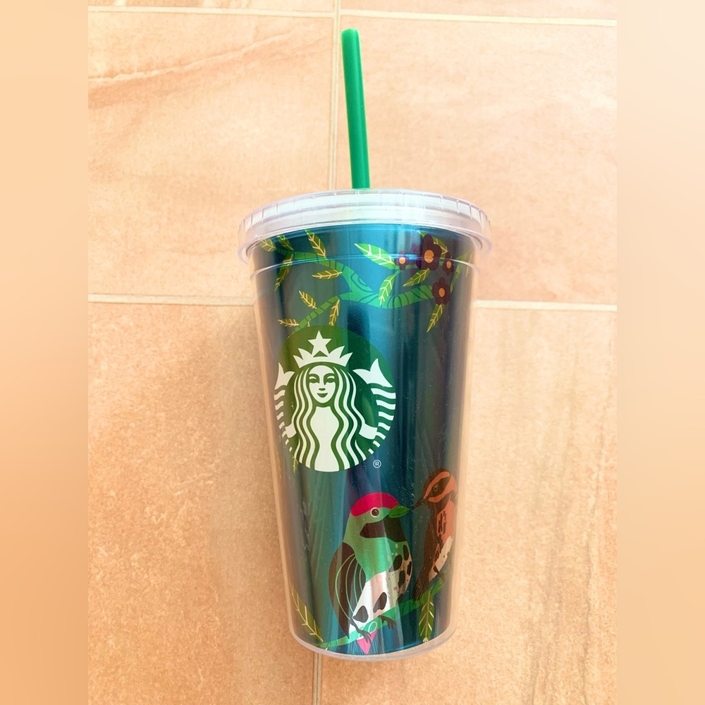 Starbucks Green Tropical Bird Tree Leaves 16 oz Plastic Tumbler Cup 2020